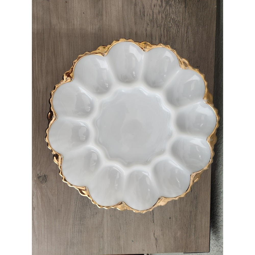 Vtg Anchor Hocking Fire King Milk Glass Deviled Egg Plate W/Gold Trim 1950s